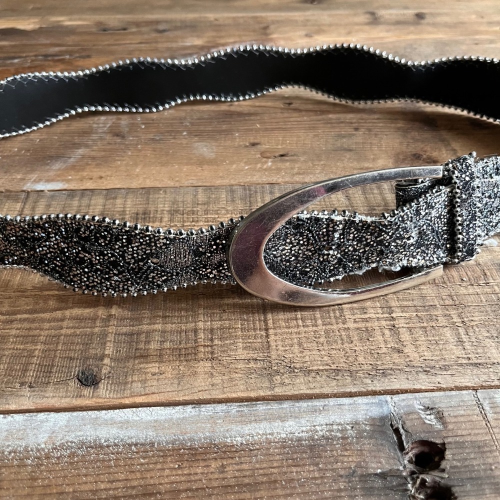 Womens Black Silver Glitter Scalloped Belt Beaded Trim Floral Lace Sparkle 24in